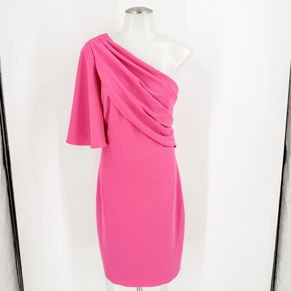 Badgley Mischka Pink Asymmetrical Ruched Cocktail Dress - Picture 2 of 5